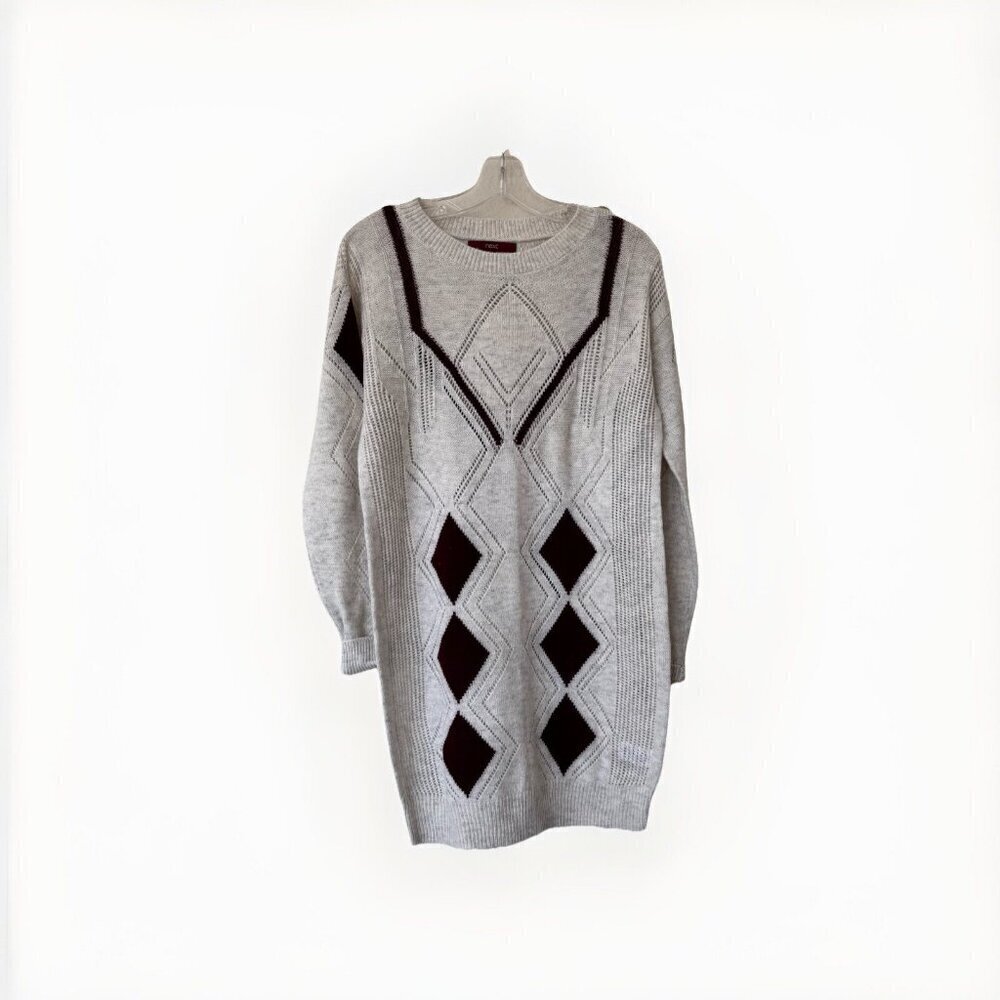 Next Sweater Dress Cream Maroon Argyle NWT Size Medium Acrylic Wool Nylon